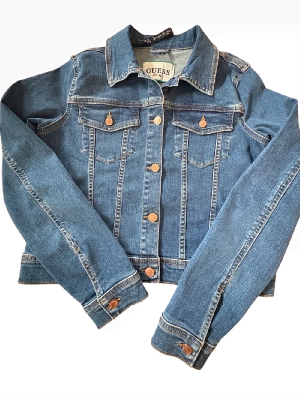 GUESS Denim Jacket Jeanologia EIM Sustainable Blue Indigo Women's Size M EUC